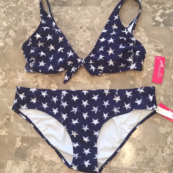 blue bathing suit with white stars
